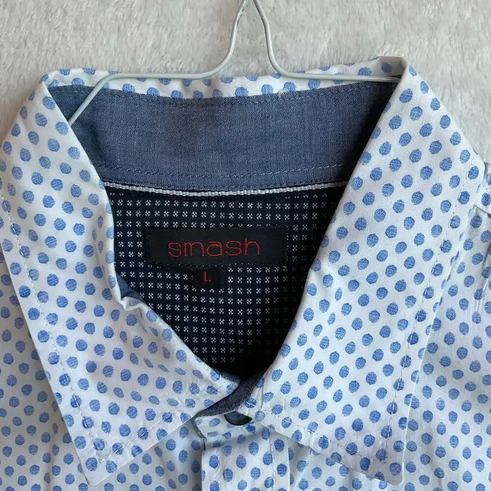 Smash Men's Blue Polka Dot Long Sleeve Button Up Dress Shirt Size L